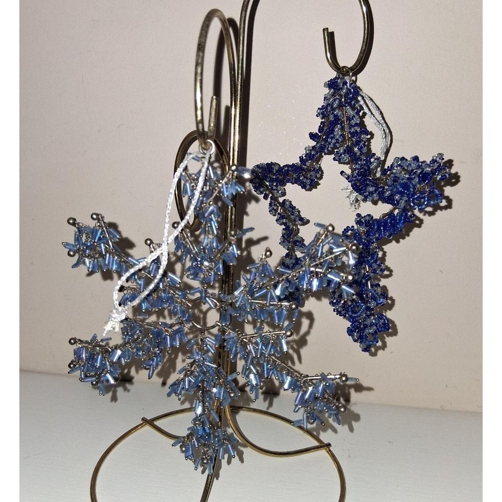 Vintage Handmade Blue Beaded Christmas Ornaments Star & Snowflake Set Wire Wrap